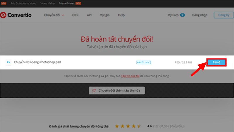 Sau khi chuyển đổi xong > Nhấn Tải về để tải file PDF đ&atilde; được chuyển th&agrave;nh Photoshop