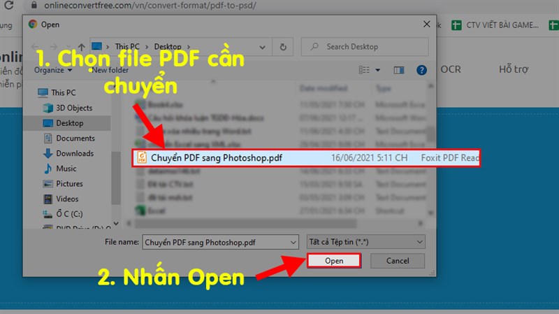 Chọn file PDF cần chuyển đổi > Nhấn Open
