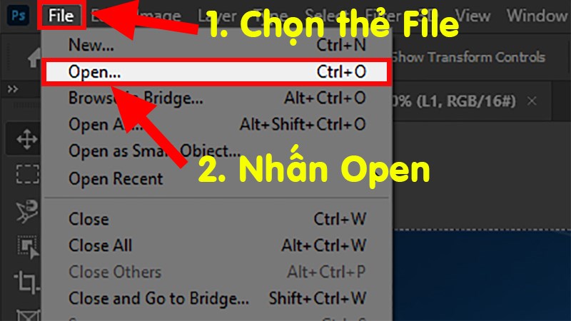 Mở phần mềm Photoshop > Chọn thẻ File > Chọn Open