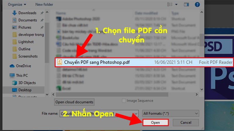 Ở hộp thoại hiện l&ecirc;n > Chọn file PDF cần mở > Nhấn Open