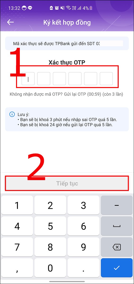 Nhập mã OTP và nhấn Tiếp tục