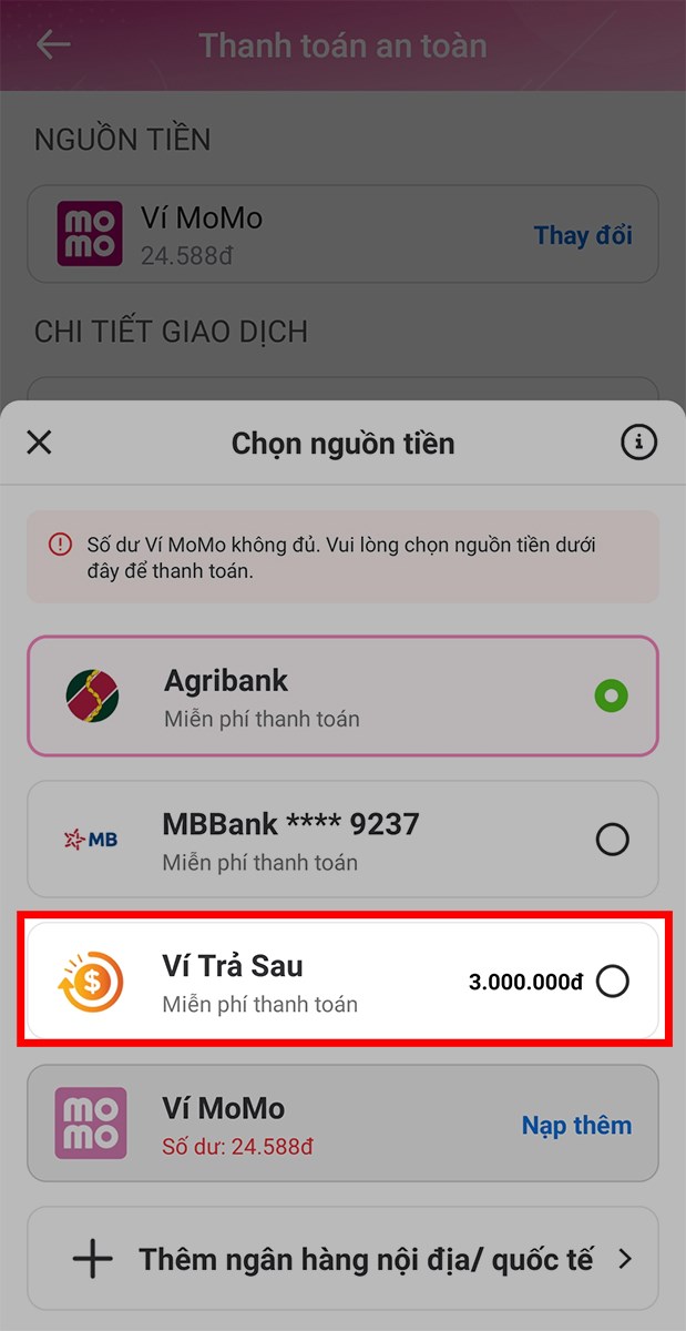 Chọn Ví trả sau để thanh toán dịch vụ trên MoMo