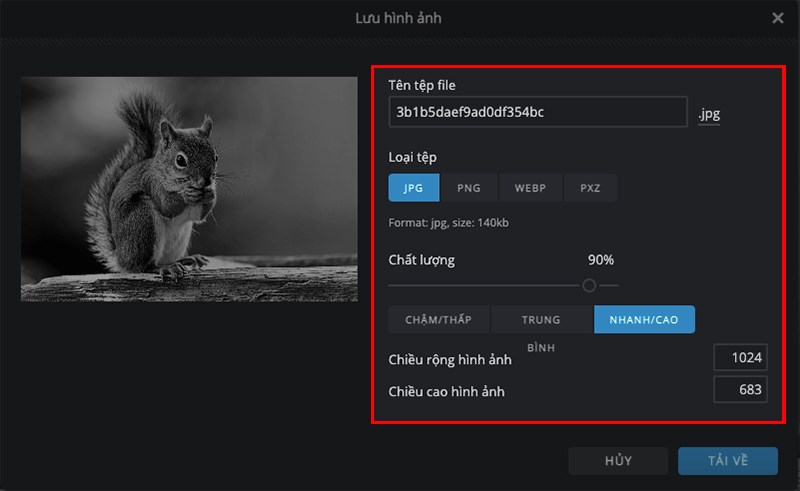 Tiến hành đặt tên cho ảnh, chọn định dạng, chất lượng ảnh muốn lưu và kích thước ảnh
