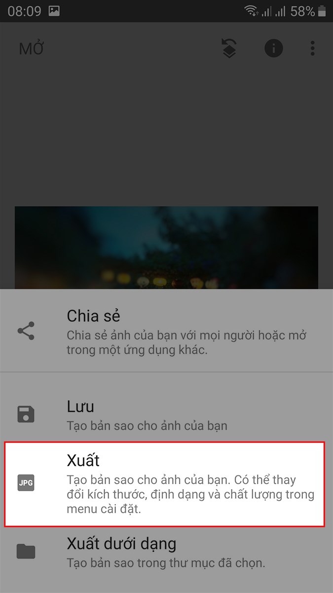 Hoặc chọn Xuất để lưu ảnh mới và bạn có thể thay đổi kích thước, định dạng và chất lượng ảnh trước khi lưu