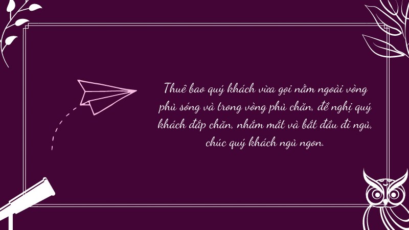 Thuê bao quý khách vừa gọi nằm ngoài vòng phủ sóng và trong vòng phủ chăn, đề nghị quý khách đắp chăn, nhắm mắt và bắt đầu đi ngủ, chúc quý khách ngủ ngon.