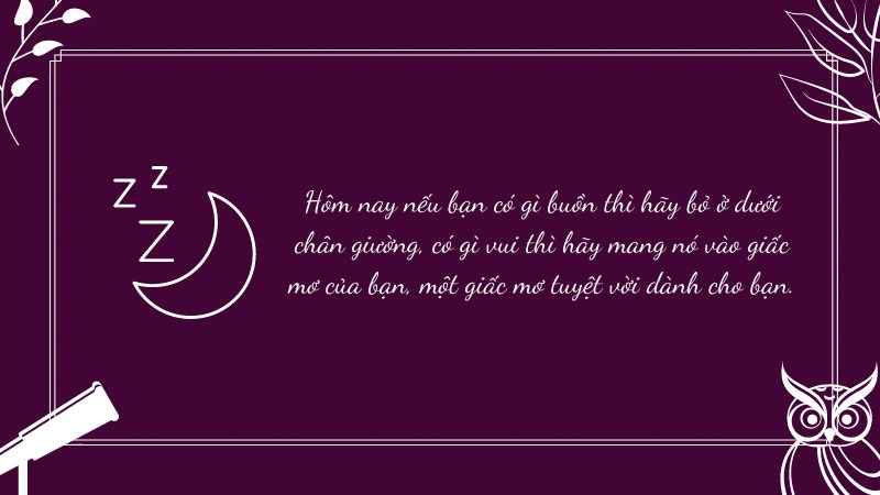 Hôm nay nếu bạn có gì buồn thì hãy bỏ ở dưới chân giường, có gì vui thì hãy mang nó vào giấc mơ của bạn, một giấc mơ tuyệt vời dành cho bạn.