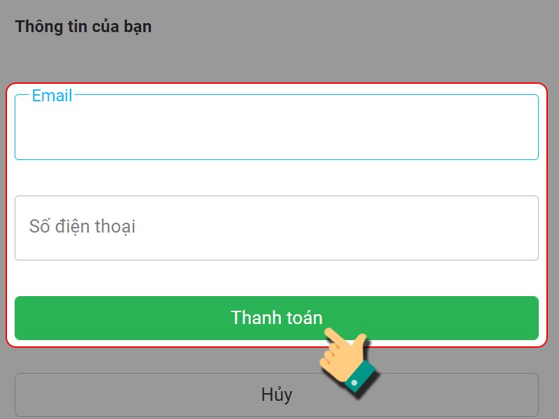 Nhập số điện thoại, email và thanh toán