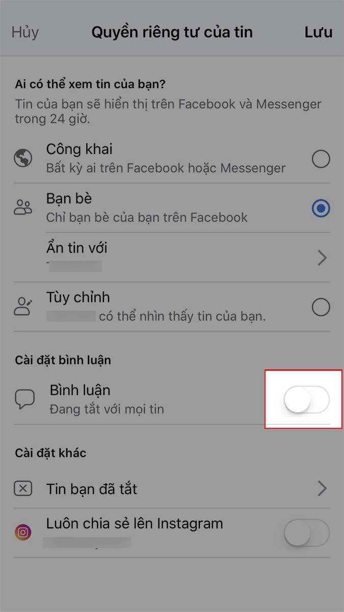 Tại mục Bình luận, nhấn vào biểu tượng nút gạt để bật bình luận trên story Facebook