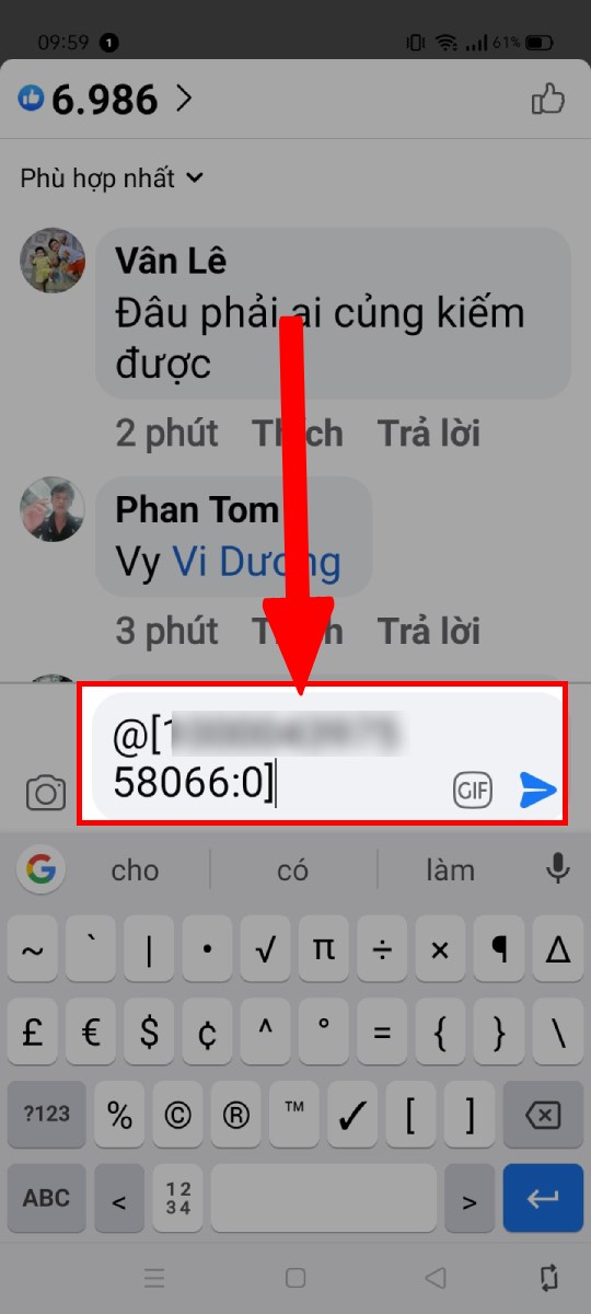 Bình luận theo cú pháp @[id người muốn tag:0]. 