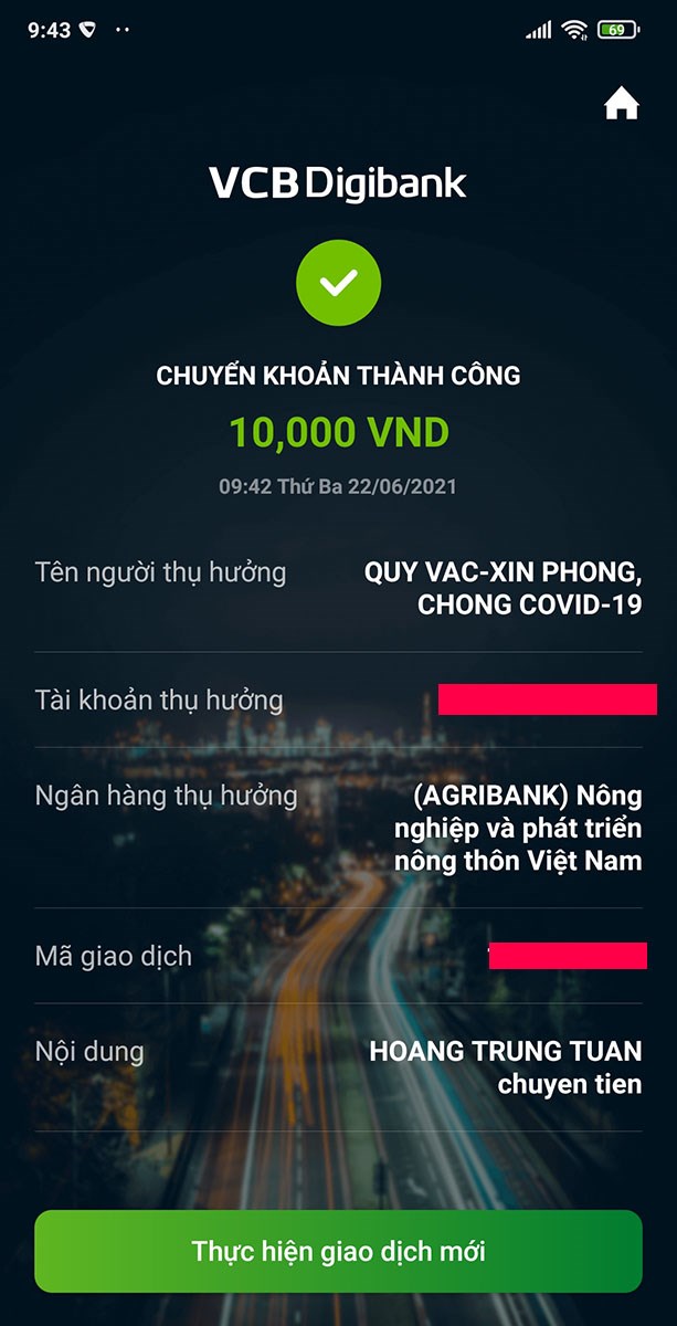Hoàn thành giao dịch chuyển khoản Vietcombank san Agribank.