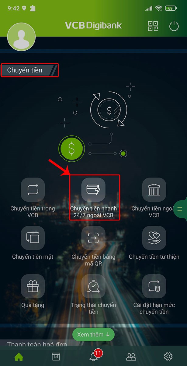 Chọn mục Chuyển tiền nhanh 24/7 ngoài VCB tại mục Chuyển tiền.