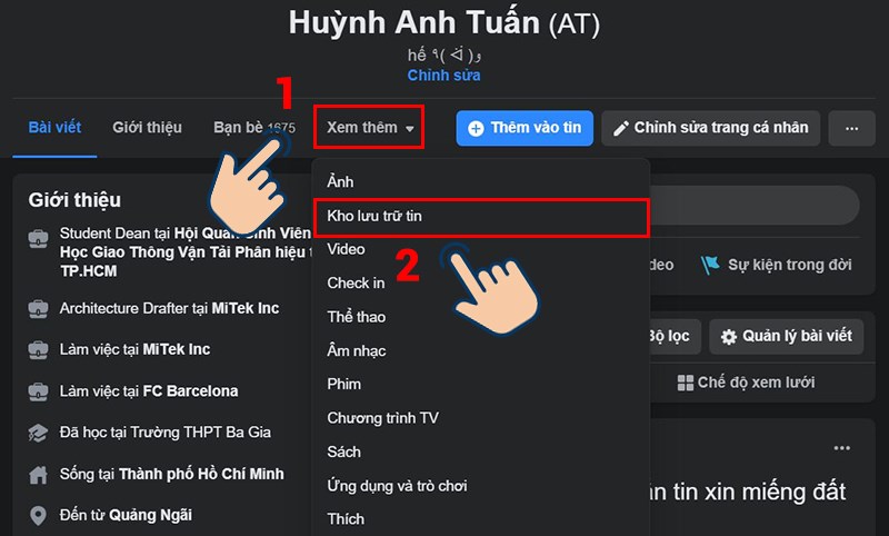 Chọn v&agrave;o mục Xem th&ecirc;m > Nhấp v&agrave;o mục Kho lưu trữ tin