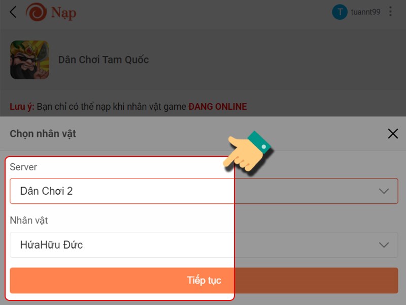 Chọn server và nhân vật