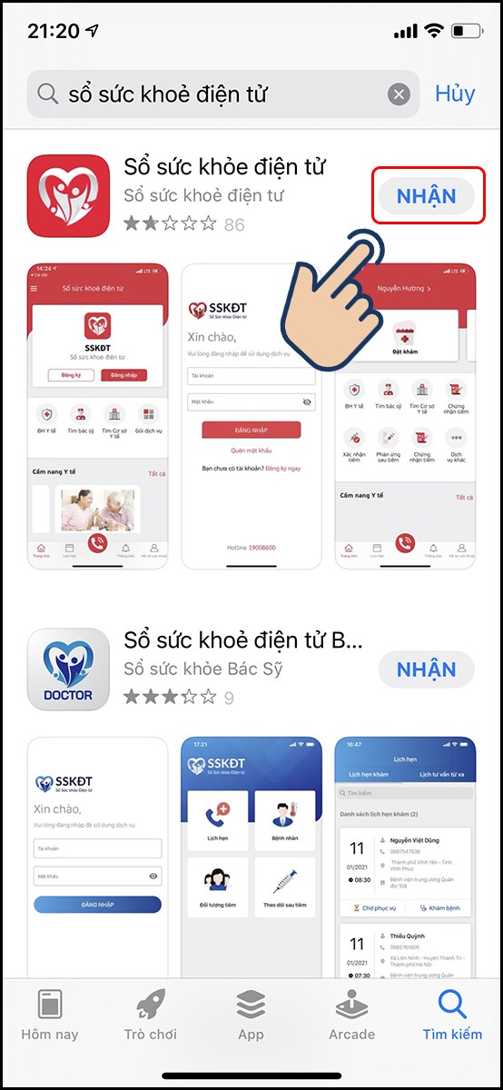 Sau đó tìm và nhấn vào Nhận để tải Sổ sức khoẻ điện tử về điện thoại của mình.