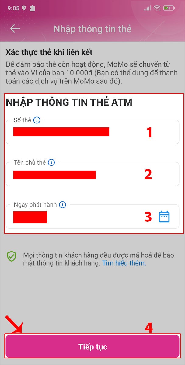 Nhập thông tin thẻ. Nhấn Tiếp tục.