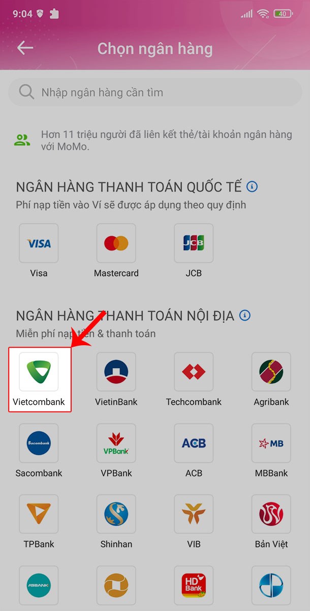 Chọn ngân hàng Vietcombank.