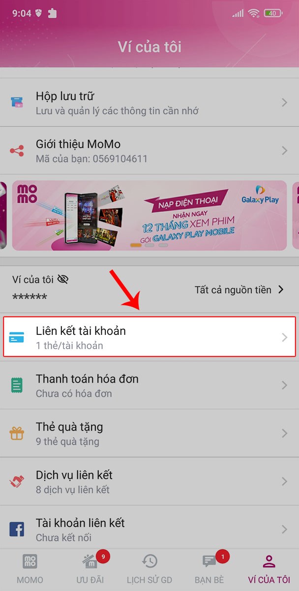 Kéo xuống chọn Liên kết tài khoản.