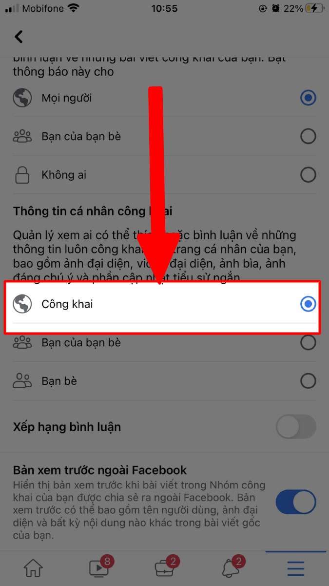 Chọn Công khai 