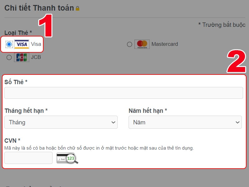 Chọn loại thẻ, nhập th&ocirc;ng tin thẻ t&iacute;n dụng