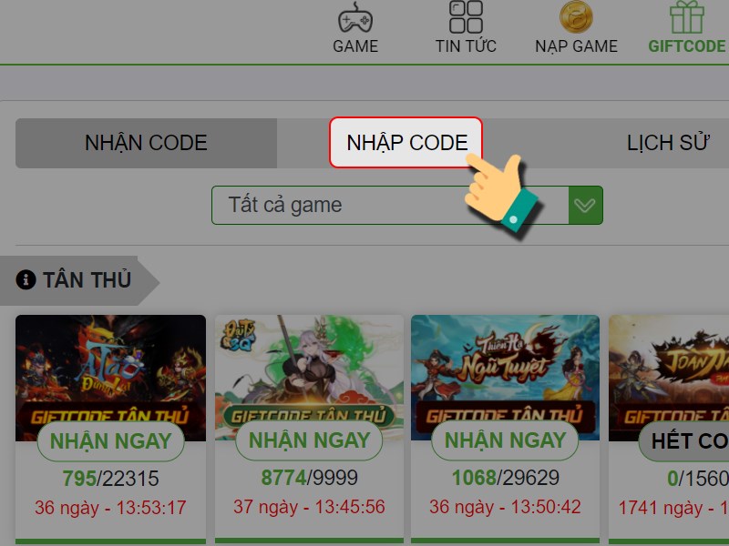 Chọn mục Nhập code 