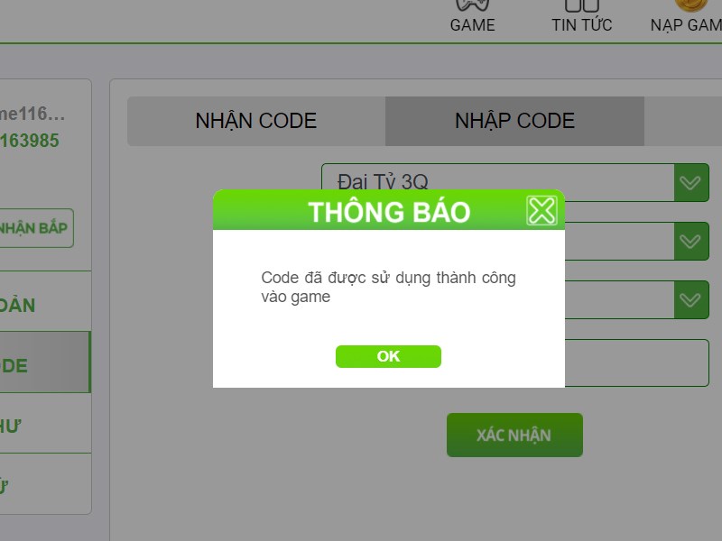 Thông báo nhập code thành công