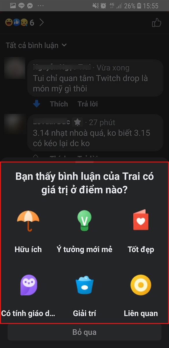 Sau khi chọn c&oacute;, bạn chọn c&aacute;c t&ugrave;y chọn tương ứng tại mục Bạn thấy b&igrave;nh luận của người b&igrave;nh luận c&oacute; gi&aacute; trị ở điểm n&agrave;o