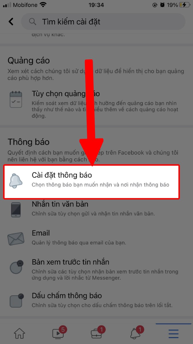 Chọn mục Cài đặt thông báo