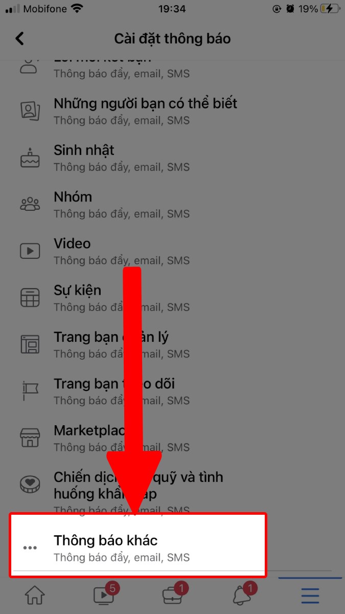 Chọn mục Thông báo khác