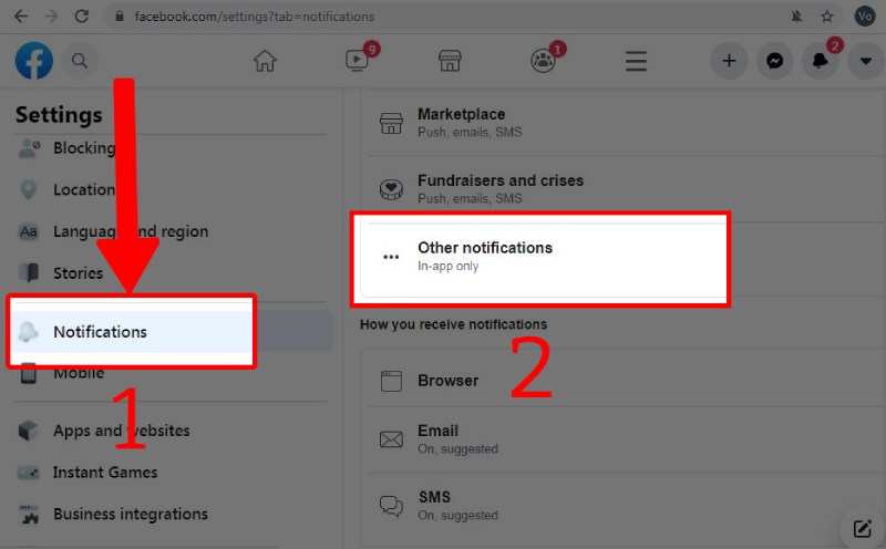 Chọn mục Notifications và Other notifications