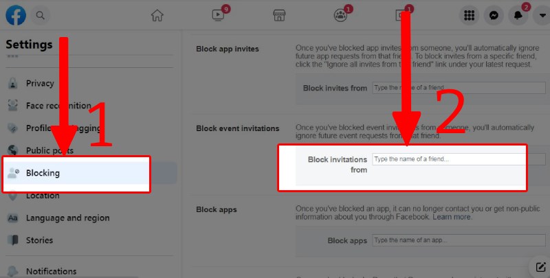 Chọn mục Blocking và gõ tên tài khoản Facebook tại mục Blocking invitations from