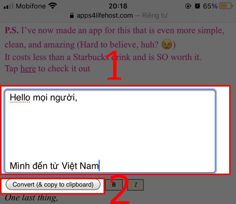 Nhập nội dung v&agrave;o v&agrave; nhấn n&uacute;t Convert (& copy to clipboard)