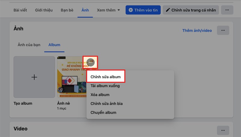Nhấn vào biểu tượng 3 dấu chấm ở góc trên bên phải album ảnh > Chọn Chỉnh sửa album Nhấn vào biểu tượng 3 dấu chấm ở góc trên bên phải album ảnh > Chọn Chỉnh sửa album