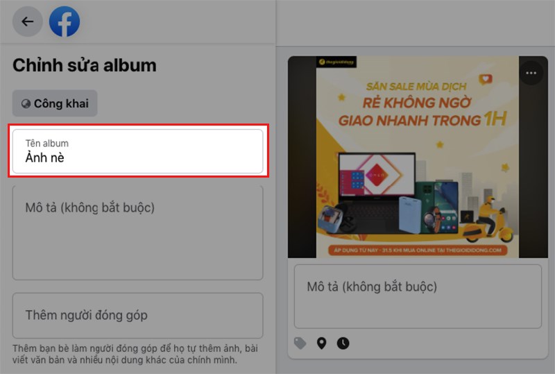 Tiến hành đổi tên album ảnh ở mục Tên album Tiến hành đổi tên album ảnh ở mục Tên album