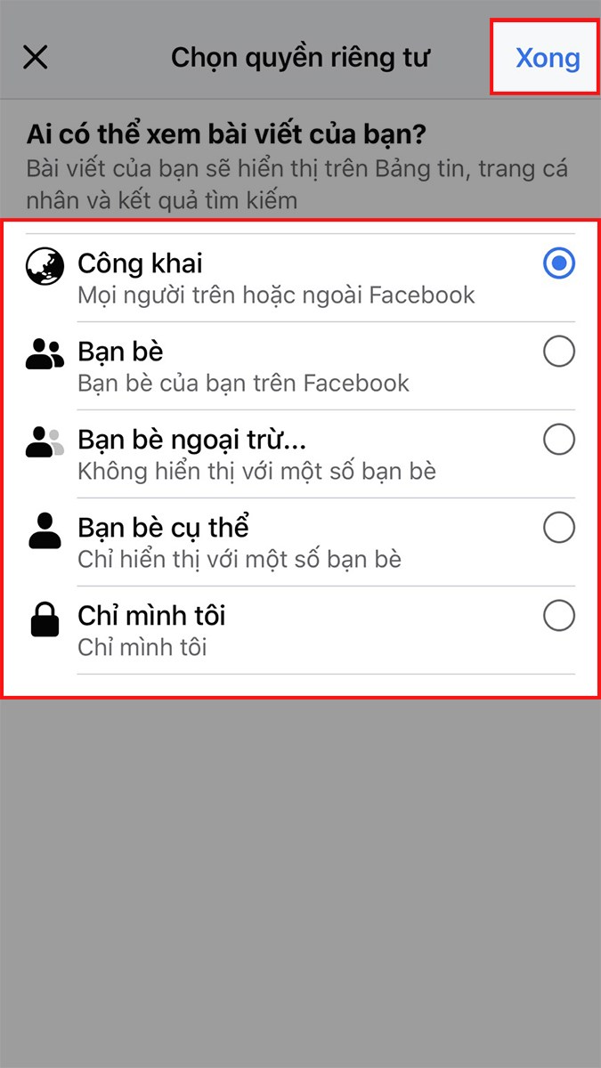 Chọn đối tượng mà bạn cho phép xem album ảnh > Nhấn Xong ở góc trên bên phải Chọn đối tượng mà bạn cho phép xem album ảnh > Nhấn Xong ở góc trên bên phải