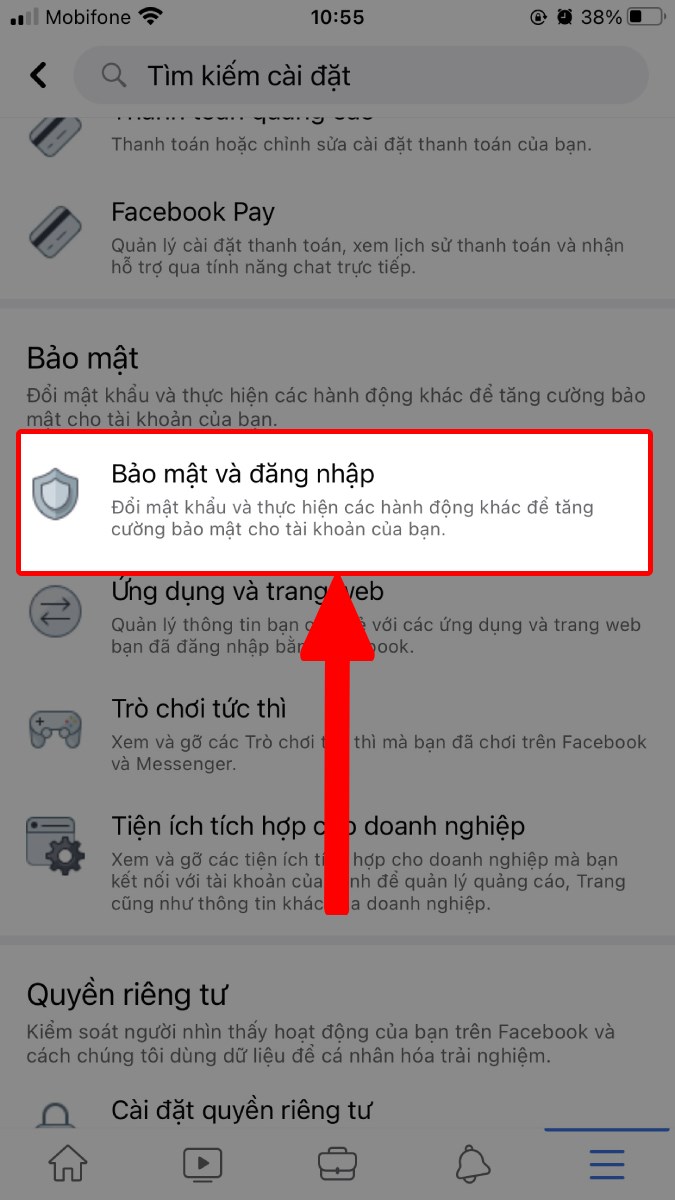 Chọn mục Bảo mật và đăng nhập