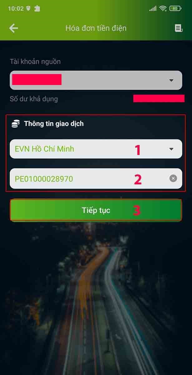 Nhập Thông tin giao dịch, nhấn Tiếp tục