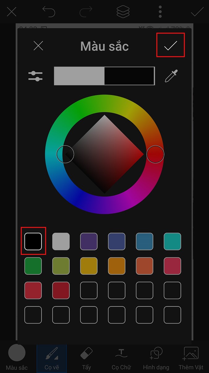 Chọn M&agrave;u sắc > Chọn &ocirc; vu&ocirc;ng m&agrave;u đen > Nhấn v&agrave;o biểu tượng dấu t&iacute;ch