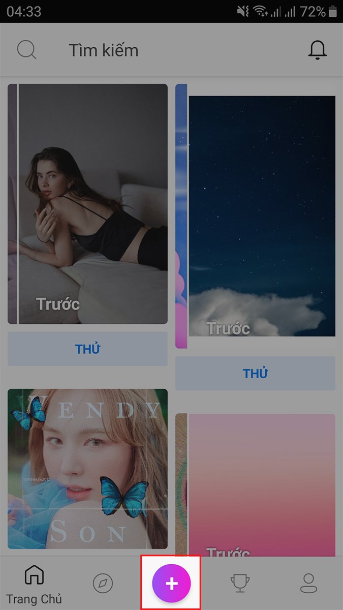 Mở ứng dụng PicsArt, nhấn v&agrave;o biểu tượng dấu cộng m&agrave;u t&iacute;m > Chọn ảnh chụp m&agrave;n h&igrave;nh b&agrave;i viết tr&ecirc;n Instagram của bạn