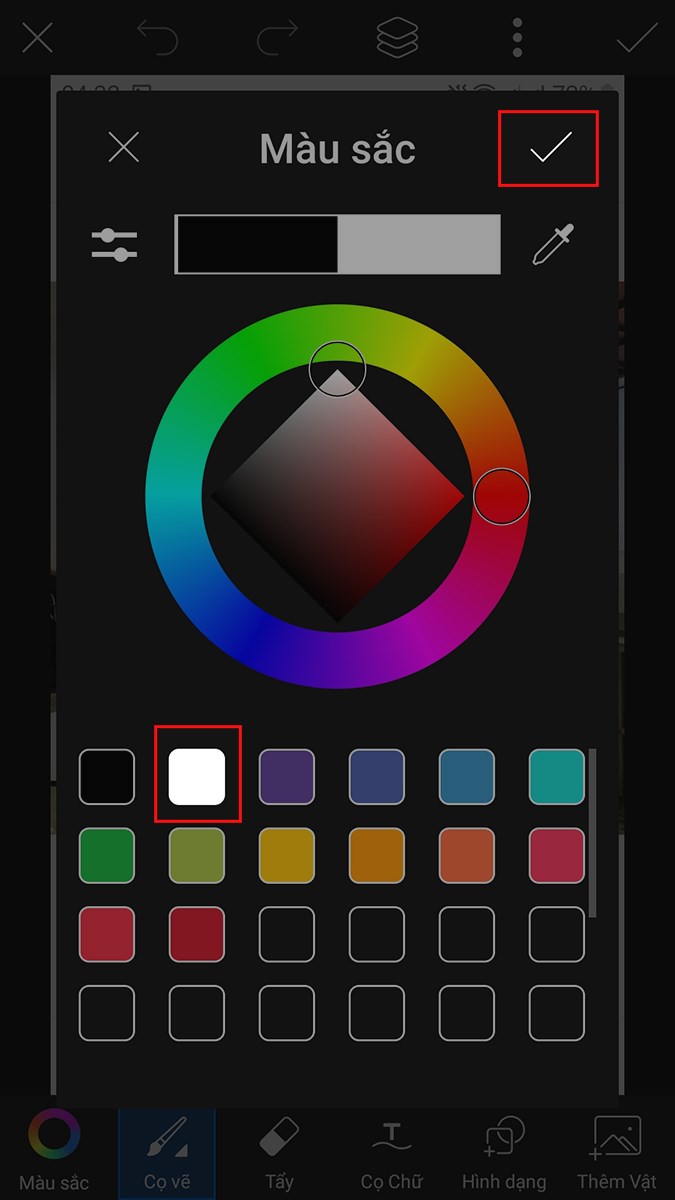 Chọn &ocirc; vu&ocirc;ng m&agrave;u trắng > Nhấn v&agrave;o biểu tượng dấu t&iacute;ch ở g&oacute;c tr&ecirc;n b&ecirc;n phải