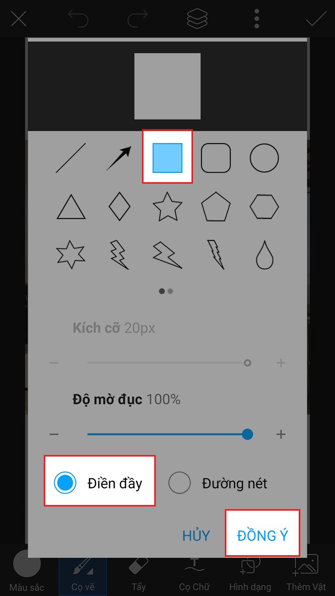 Chọn Điền đầy > Chọn biểu tượng h&igrave;nh vu&ocirc;ng > Chọn ĐỒNG &Yacute;