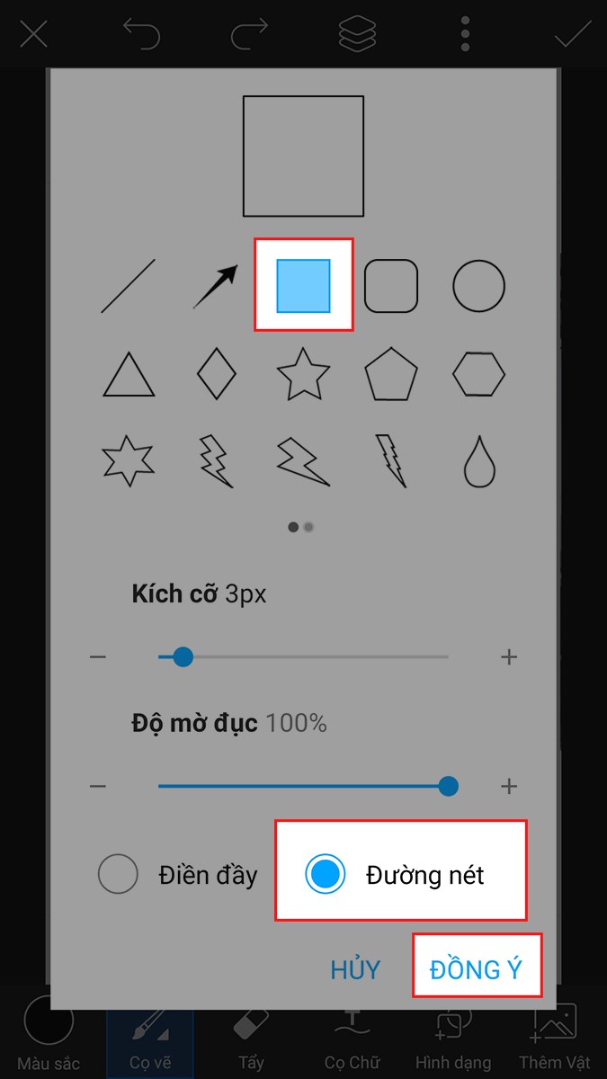 Chọn Đường n&eacute;t > Chọn biểu tượng h&igrave;nh vu&ocirc;ng v&agrave; điều chỉnh k&iacute;ch cỡ th&agrave;nh 3px > Chọn ĐỒNG &Yacute;