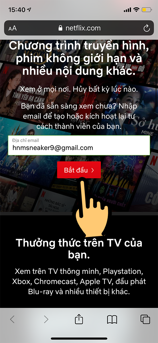 Nhập địa chỉ email v&agrave; nhấn Bắt đầu