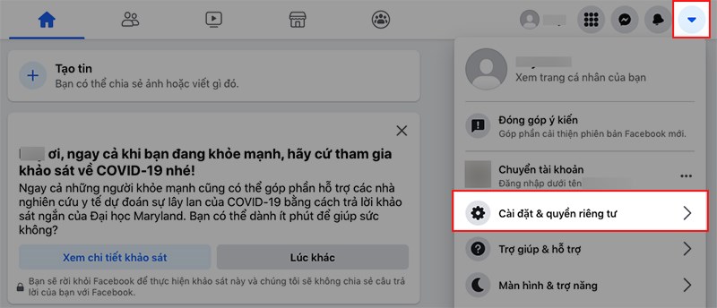 Nhấn vào biểu tượng tam giác ở góc trên bên phải > Chọn Cài đặt & quyền riêng tư