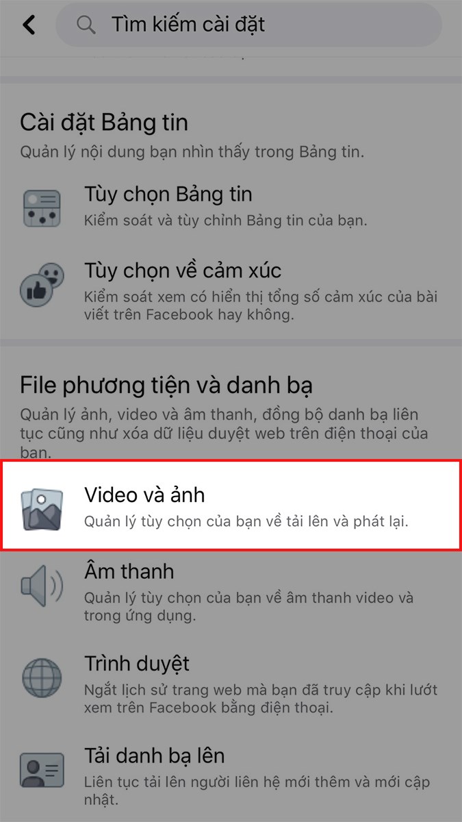 Kéo xuống mục File phương tiện và danh bạ, chọn Video và ản