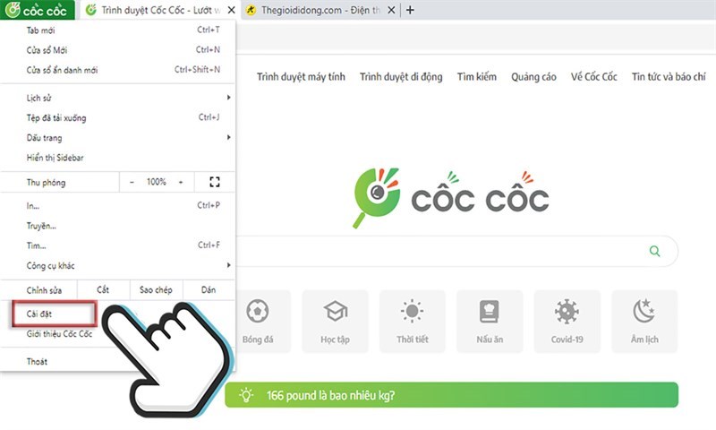 Chọn Cài Đặt ở Menu Cốc Cốc Chọn Cài Đặt ở Menu Cốc Cốc