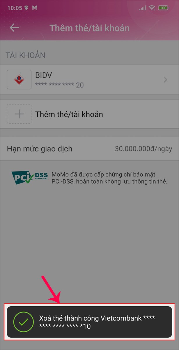 Hủy liên kết ví MoMo với Vietcombank thành công.