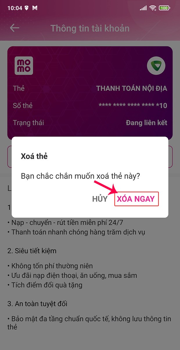 Chọn Xóa ngay ở bảng thông báo.