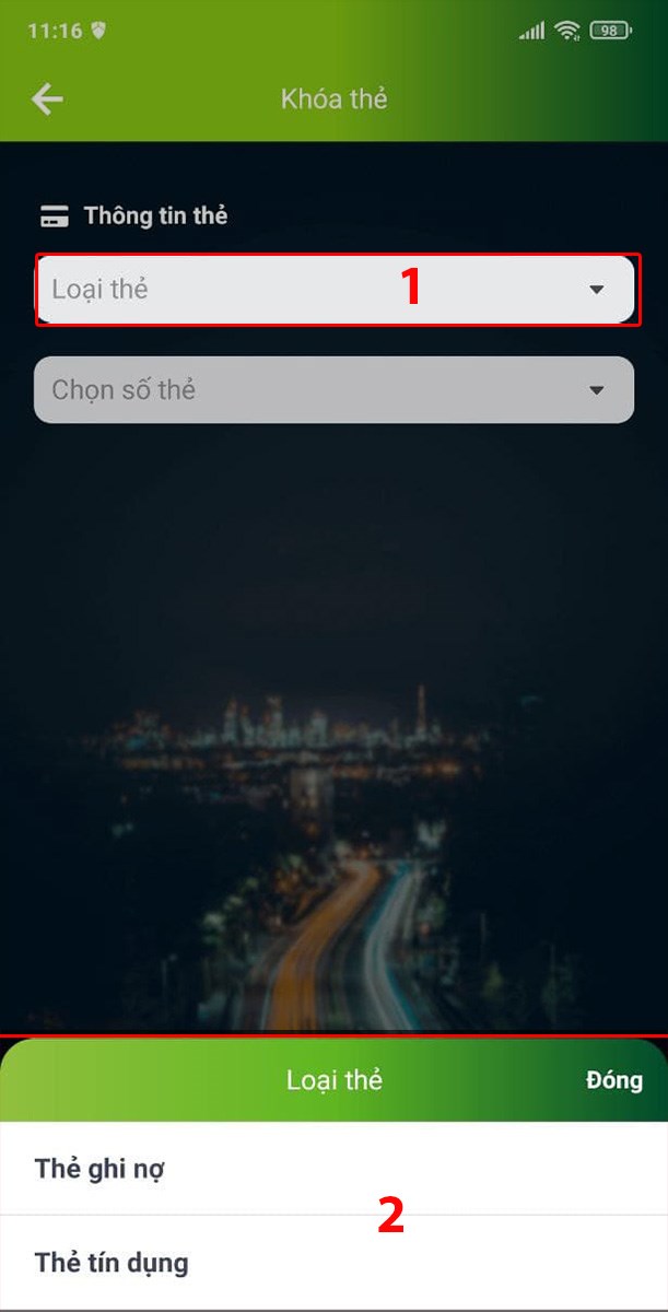 Tại mục Kh&oacute;a thẻ, chọn Loại thẻ cần kh&oacute;a.