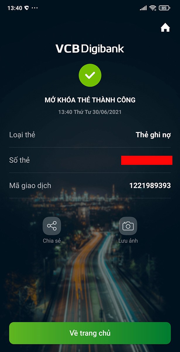 Ho&agrave;n th&agrave;nh việc mở kh&oacute;a thẻ th&agrave;nh c&ocirc;ng.