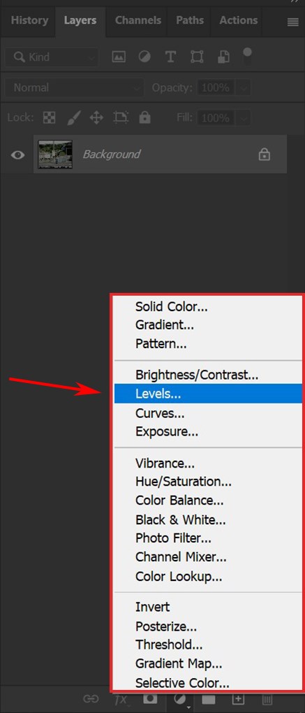 Chọn công cụ Levels bằng icon Adjustments Layer theo đường dẫn
